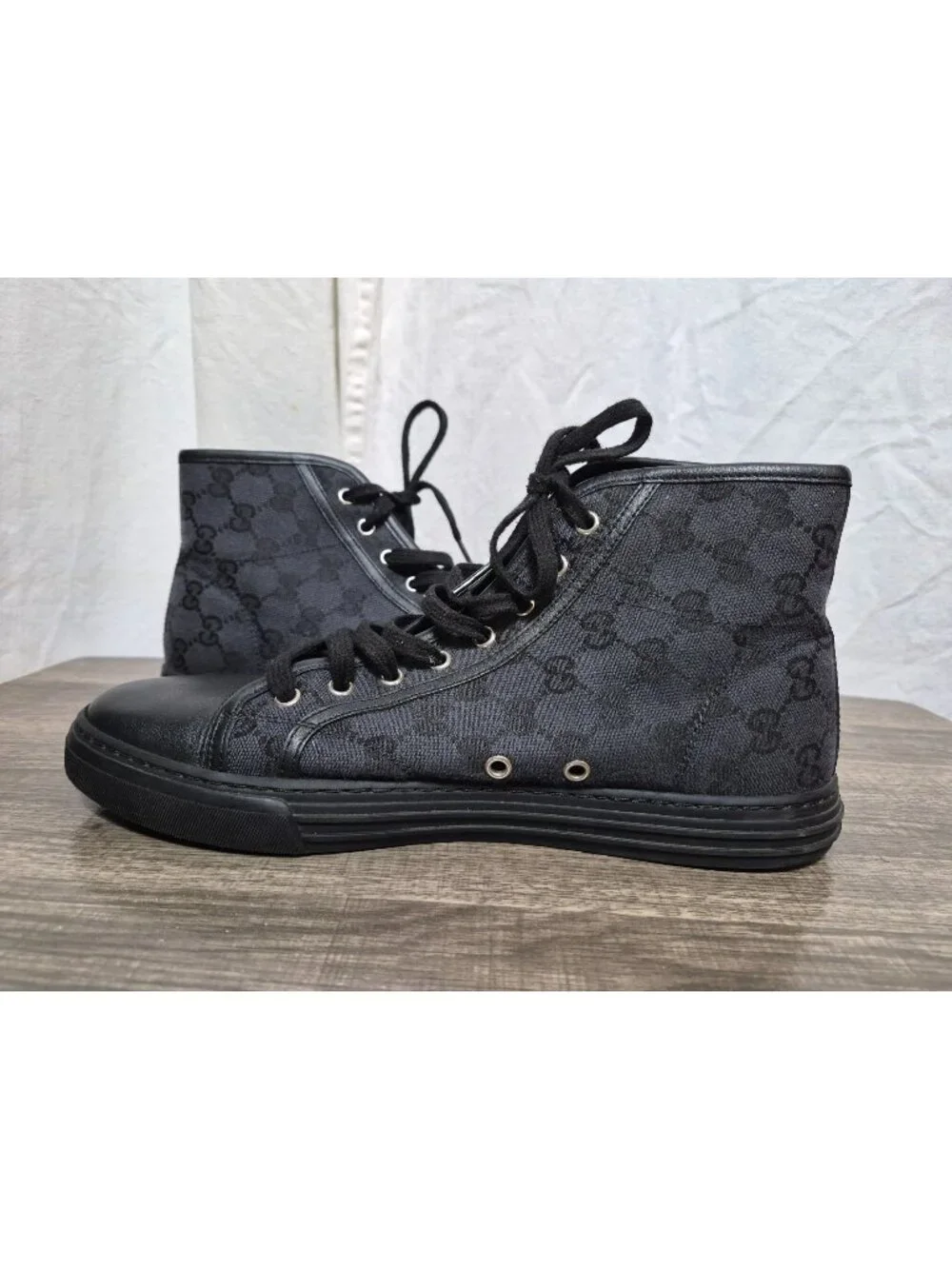 Gucci 8.5 High Lead Black Monogram Canvas Designer Lace Up City Classic Sneakers